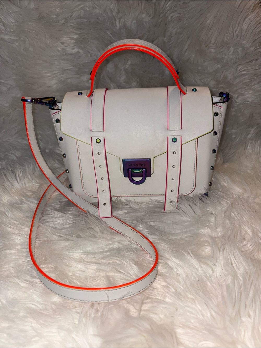 Michael Kors White Satchel with Neon Orange Trim